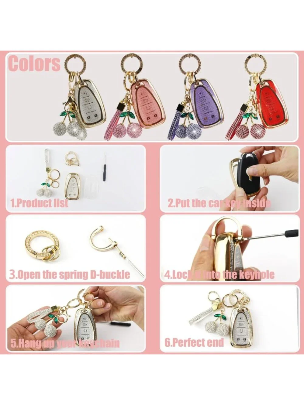 Sparkly Bling Key Fob Cover with Cherry Keychain, TPU Smart Case for Women